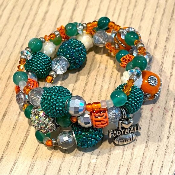 Miami Dolphins football inspired beaded charm bracelets handmade - Picture 3 of 5